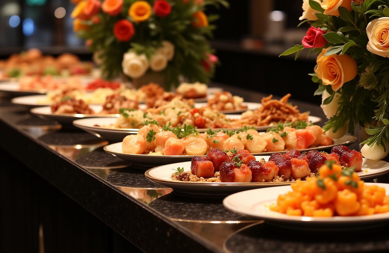 Stesen buffet mewah dengan pelbagai hidangan fusion untuk acara di Singapura.